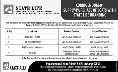State Life Insurance Corporation of Pakistan  Islamabad Tender Notice